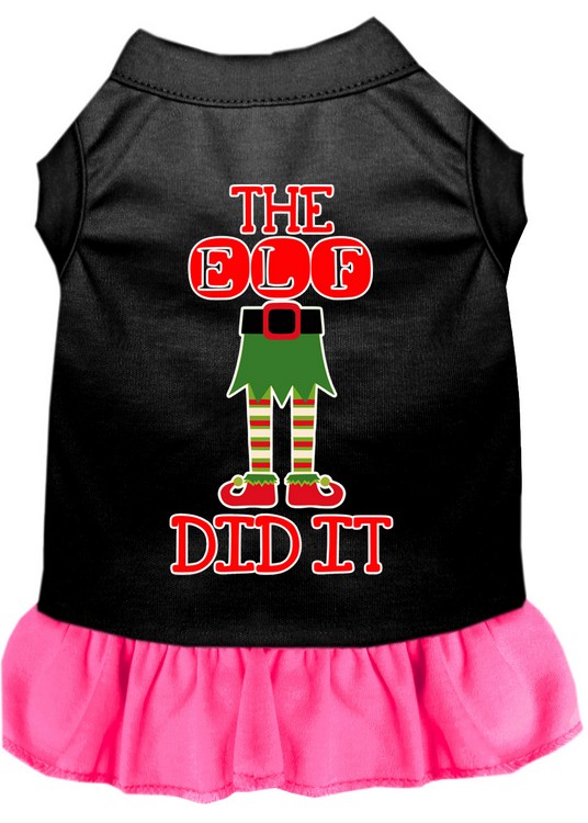 The Elf Did It Screen Print Dog Dress Black with Bright Pink XXL